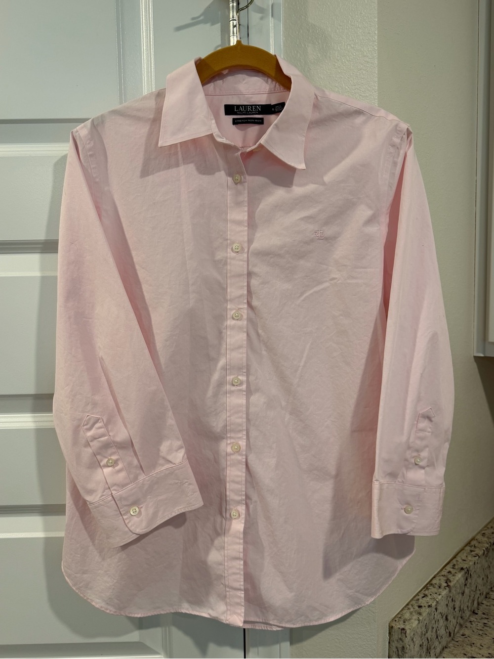 Ralph Lauren Women's Pink Button-Down Shirt - Quarter Length Sleeves